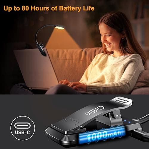 Gritin 16 LED Rechargeable Book Light for Reading in Bed- Eye Caring 3 Color Temperatures, Stepless Dimming Brightness, 80 Hrs Runtime, Lightweight Flexible Clip on Light for Book Lovers thumbnail 6