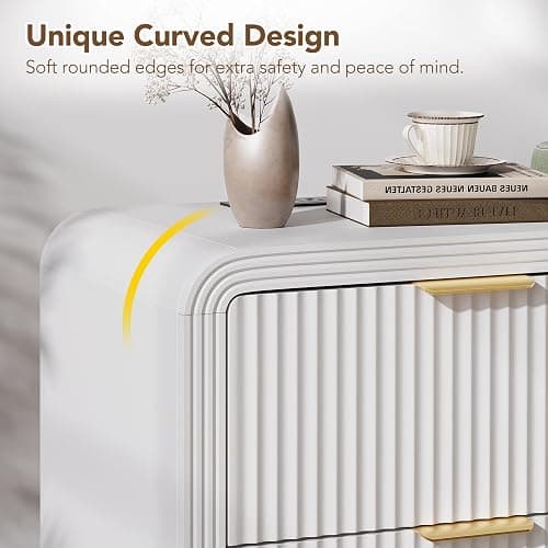Decofy 23'' Wide Fluted Nightstand with 2 Large Drawers & Charging Station | Mordern Night Stand with Curved Corners & Metal Handle, Wood End Table for Bedroom, White thumbnail 5