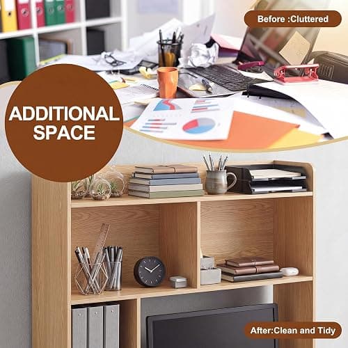 Cinnvoice Natural Desktop Bookshelf Countertop Storage Hutch with Drawer for Computer Desk 5-Tier Display Rack Multipurpose Wood Desktop Hutch Storage Organize for College Dorm Home Office Supply thumbnail 6