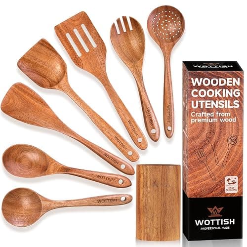Wooden Spoons for Cooking - 8-Piece Wooden Kitchen Utensil Set made of Natural Solid Wood Material-Includes Spoons,Spatulas,Ladles,Mixing Spoon and Utensil Holder,Valentine's Day Gifts thumbnail 9