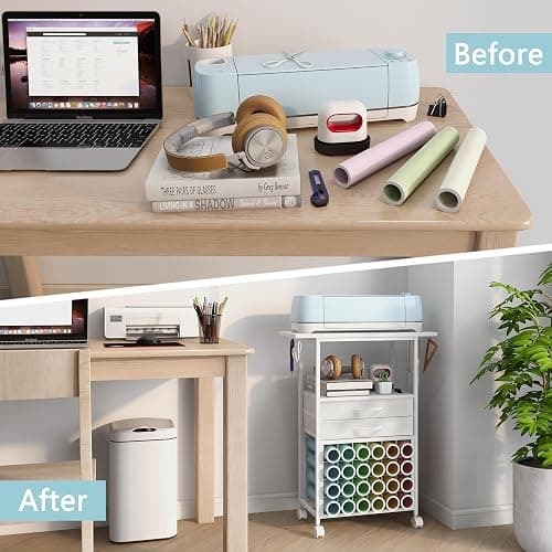 VENNQD Organizer and Storage Stand Compatible with Cricut Machines,Rolling Storage Cart/Shelf with 24 Vinyl Roll Holders，2 Fabric Drawer,Accessories Holder,Tool Hook for Craft Room Home (white) thumbnail 7