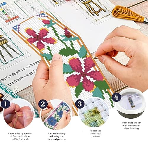 ORIGACH 6 Pcs Flower Cross Stitch Bookmark Kit for Beginner with Backing Felt Floss Instruction Sunflowers Tulip DIY Stamped Embroidery Bookmark Kit for Starter Adults Book Lovers thumbnail 4