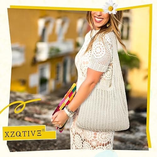 XZQTIVE Crochet Tote Bag for Women Mesh Beach bag for Summer Vacation Aesthetic Hobo Knit Shoulder Bag thumbnail 2