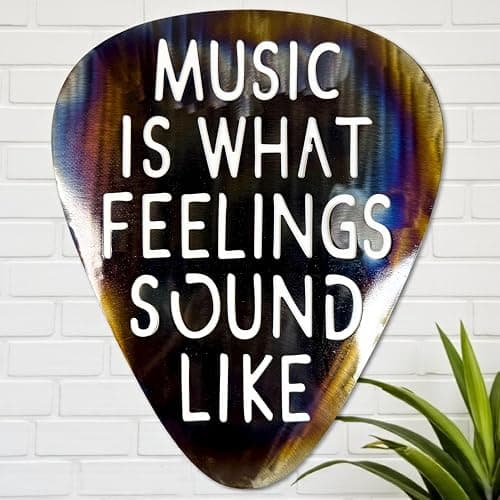 Top Brass Jumbo 16" Metal Guitar Pick Wall Art – “Music Is What Feelings Sound Like” Quote – Steel Wall Décor – Music Room, Studio, or Man Cave Art (Flame Torched) thumbnail 5