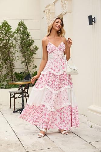 Women Floral Patchwork Maxi Dress V Neck Sleeveless Cross Back Spaghetti Strap Tiered Sundress Summer Long Dress thumbnail 4