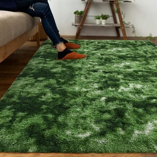 DweIke Fluffy Dark Green Rugs for Bedroom Living Room, 4x6 Feet Soft Plush Shaggy Tie-Dyed Forest Moss Green Girls Boys Kids Rug, Non-Slip and Machine Washable Carpet for Dorm Nursery Decor thumbnail 2