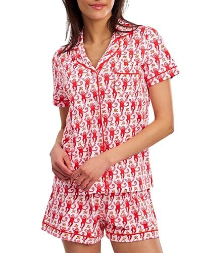 Oklihoe 2-Piece Monkey Pajamas Set for Women Button Down V Neck Summer Y2K Lounge Set for Beach Vacation Jammies Party Gift - Image 1
