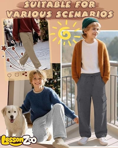 LessonZoo 4 Pack Boys' Cargo Sweatpants Elastic Drawstring Open Bottom Active Pants Casual Workout Joggers with 4 Pockets thumbnail 3