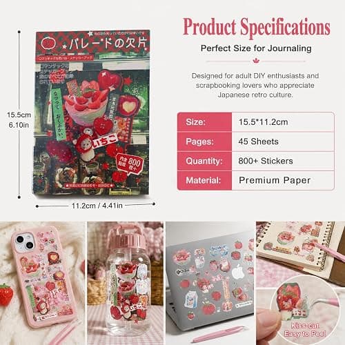Tmtains 800+Pcs Japanese Sticker Book for Scrapbook Junk Journal (Memory) | 45 Sheets, Heisei Retro Aesthetic Korean Style, Daily Food Stickers, Stationery Supplies, DIY Journaling Planners for Adults thumbnail 2