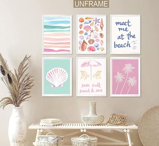 6Pcs Pink Beach Preppy Canvas Wall Art Colorful Coastal Seashell Picture Wall Decor Seaside Beachy Palm Tree Aesthetic Posters Cute Summer Ocean Painting Print Artwork for Girls Bedroom Dorm Apartment thumbnail 3