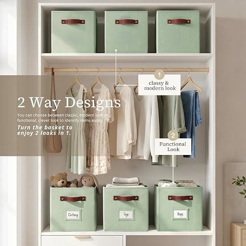 DECOMOMO Storage Bins, Storage Baskets for Shelves | 13" x 15" x 13" Storage Cube Bins with Labels for Organizing Shelves (Kallax, 4pcs, Sage Green) thumbnail 4
