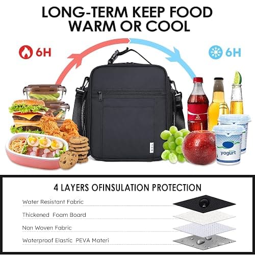 NOL Nylon Waterproof Kids Lunch Bag, Insulated Lunch Bag, Lunch box Cooler, Reusable, Zip Closure with Buckle Handle Holds Lunch Box, Snacks & Water Bottle for School Work,Black - Black - Vertical thumbnail 4