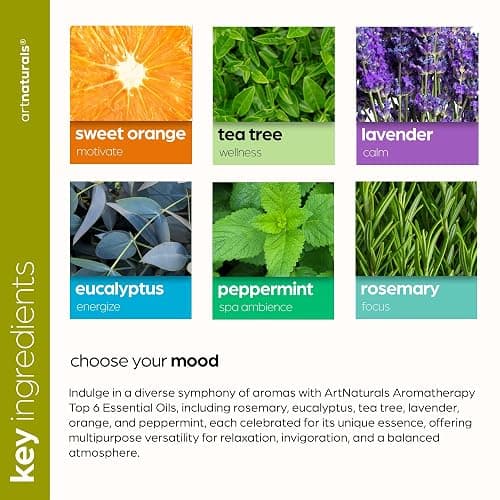 ArtNaturals Aromatherapy Top-6 Essential Oil Set - (6 x 10ml Bottles) - 100% Pure of The Highest Therapeutic Grade - Premium Gift Set – Lavender, Peppermint, Tea Tree, Eucalyptus thumbnail 4