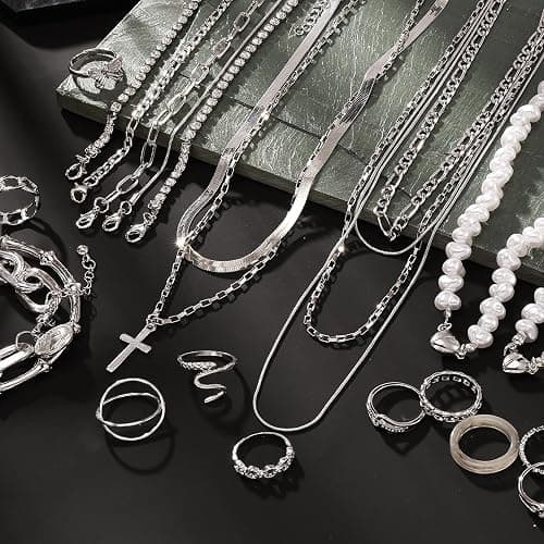 VKME 43 PCS Silver Jewelry Set for Women,Ball Dangle Hoop Earrings,Multi Layered Bracelets,Stackable Knuckle Rings,Adjustable Dainty Necklaces,Anniversary Valentine Fashion Trendy Party Gift Pack thumbnail 2