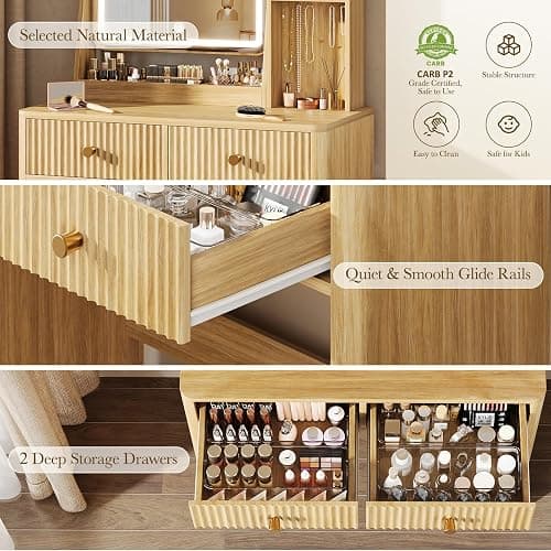 Memobarco Fluted Vanity Desk with Mirror and Lights, Small Makeup Vanity with 2 Drawers and Jewelry Storage Cabinet, 3 Lighting Modes Adjustable Brightness, Dressing Table for Bedroom - Natural Oak thumbnail 7