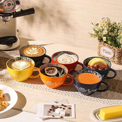 TAUFIKT Coffee Mug Set of 6, 15 oz Boho Coffee Mug Ceramic with Handle, Porcelain Tea Cups Set, 6 Pcs Coffee Cups for Cappuccino and Latte, Microwave & Dishwasher Safe, Ideal Gift for Family/Friend thumbnail 8
