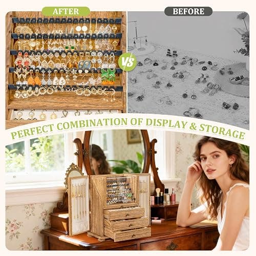 Jewelry Box Organizer, Wood Jewelry Box for Women, Jewelry Storage &Display | Large Jewelry Box for Necklaces, Rings & Bracelets, with a Clear Window to Display Earrings thumbnail 4