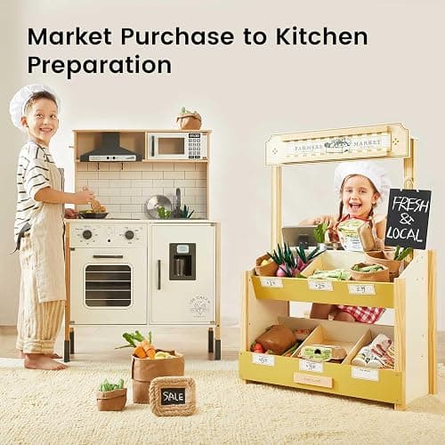 Tiny Land Wooden Play Store Pretend Grocery Store Role Play Toy | Pretend Farmers Market & Coffee Shop with Cash Register, DIY Price Tags, Chalkboard for Toddlers thumbnail 10