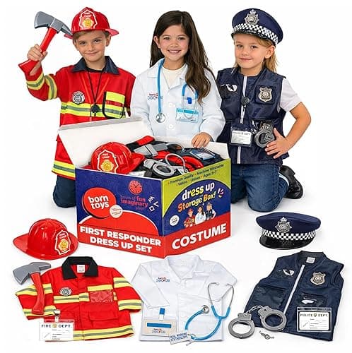 Born Toys 3-in-1 Toddler Dress Up Clothes for Boys & Girls Ages 3-7, Police, Firefighter and Doctor Pretend Play Set with Toy Accessories, Washable Costumes for Kids Career Day Outfit, Gift Ready Set - Image 1