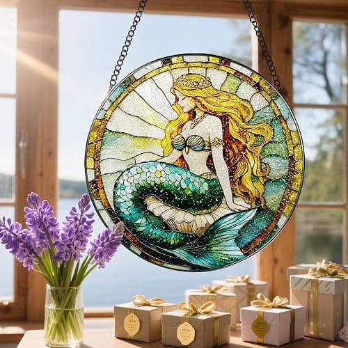 Stained Glass Window Hanging, 8 Inch Mermaid Suncatcher Stained Glass Ornament, Suncatchers for Windows Hanging, Sun Catchers Indoor Window, Mermaid Gifts, Gifts for Friends, Housewarming Gift thumbnail 6