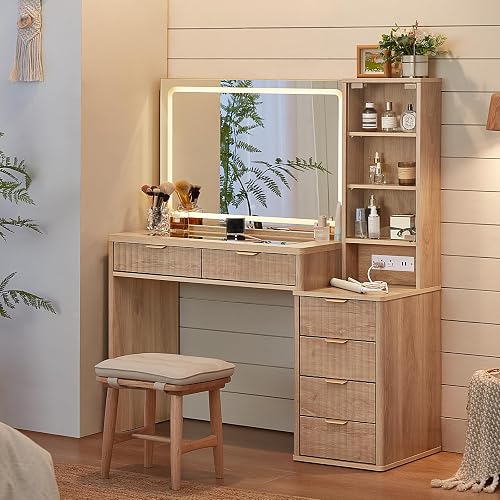LEYAOYAO Vanity Desk with Mirror and Lights, 43.5'' Fluted Makeup Vanity with 6 Drawers and Adjustable Shelves, Natural Wood Make Up Vanity Dressing Table with Glass Top and Power Outlet for Bedroom - Natural Wood thumbnail 3