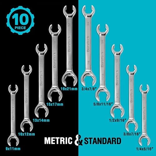 DURATECH Flare Nut Wrench Set, Standard & Metric, 10-Piece, 1/4" to 7/8'' & 9-21mm, CR-V Steel, Organizer Pouch Included thumbnail 3
