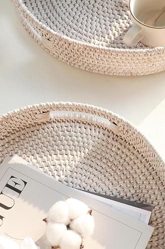 HITOMEN 11.8" Hand-Woven Round Rattan Serving Tray Decorative Wicker Trays with Handles for Coffee Table (Whitewash-M) thumbnail 3