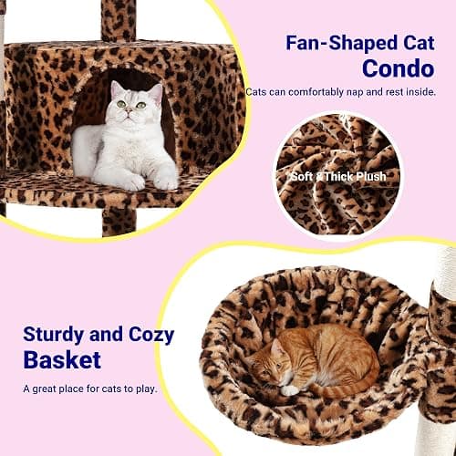 Allewie 73in Fan-Shaped Space-Saving Corner Cat Tower/Multi-Level Tall Cat Tree for Indoor Kitties/Cozy Baskets/Condos/House/Perches/Sisal Scratching Posts/Pet Activity Center/Leopard Print thumbnail 5