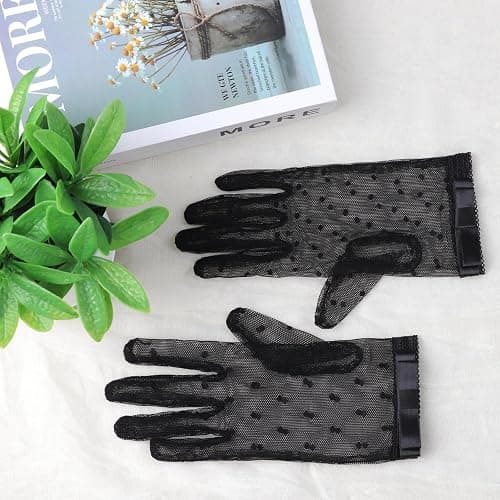 loghohu Black Mesh Lace Gloves Women, Black Lace Gloves with Polka Dots Bow Vintage Short Tulle Sheer Glove for Tea Party Women Dress Wedding Dinner Opera thumbnail 4