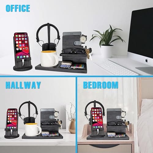 Gift for Men Nightstand Organizer with Headphone Stand & Rotating Phone Stand, Stylish Headphone Holder to Keep Desk Accessories for Men Organized, Unique Dad Birthday Gift, Gifts for Boyfriend thumbnail 2