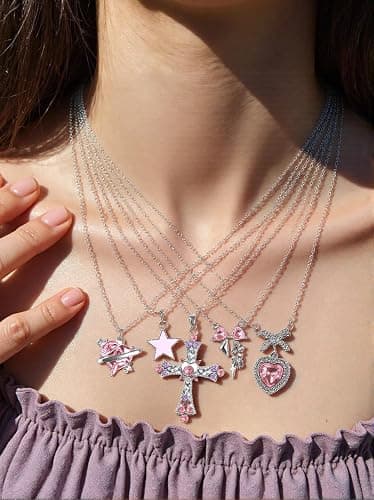 LIRUNQIN 5PCS Gyaru Y2K Necklace Set - Gothic Cross, Pink Indie Jewelry, McBling Aesthetic Accessories for Women, Scene, and 2000s Style thumbnail 2