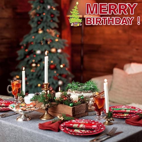 Havawish 96 Pcs Merry Birthday Tableware, Xmas Birthday Plates and Napkins | Red Christmas Decoration with Disposable Plates, Napkins, Forks, Merry Birthday Decoration, Holiday, New Year Party Supplies thumbnail 2