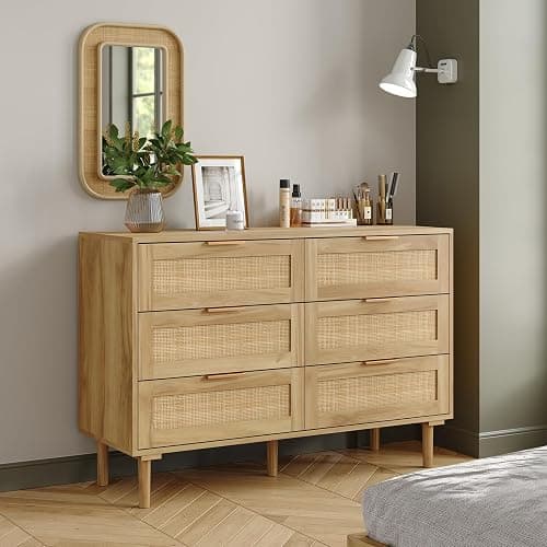 Furniouse 6 Drawer Rattan Dresser for Bedroom Wood Boho Dressers with Solid-Wood Legs & Natural Real Rattan Drawer, Modern Chest of Drawers Beside Table for Bedroom, Living Room - Image 1