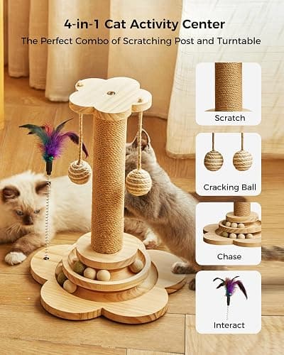 KHALOR Cat Scratching Post for Kittens, 4 in 1 Wooden Cat Scratcher Toy, 17.7" Tall Scratch Post with 2 Level Cat Track Balls, Interactive Feather Toy and 2 Sisal Hanging Balls for Indoor Kittens thumbnail 2