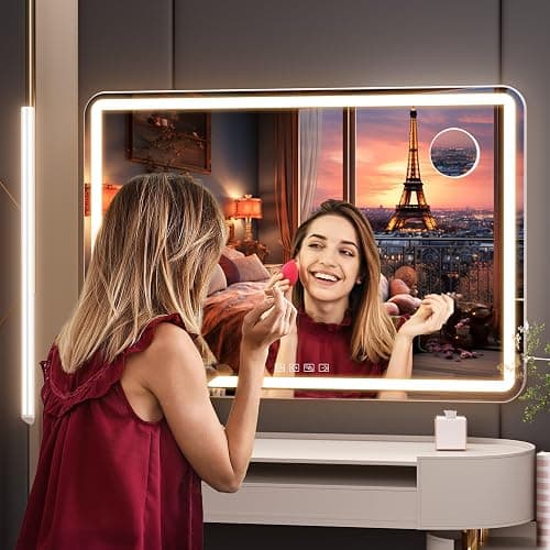 Hasipu Vanity Mirror with Lights and Bluetooth Speaker, 32" x 21.7" LED Makeup Mirror, Lighted Makeup Mirror with Dimmable 3 Modes, USB Charging Port, Round White thumbnail 2