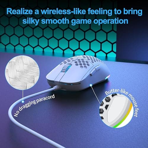 TMKB Falcon M1SE Ultralight Honeycomb Gaming Mouse, High-Precision 12800DPI Optical Sensor, 6 Programmable Buttons, Customizable RGB, Drag-Free Paracord, Ergonomic, Wired - Matte White thumbnail 5