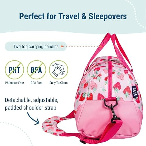Wildkin Kids Overnighter Duffel Bag – Carry-On Size, Ideal for School & Sleepovers – Strawberry Patch thumbnail 3