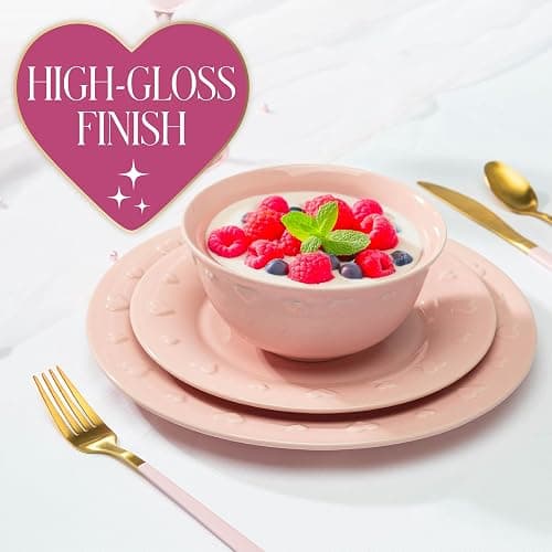 Paris Hilton 12-Piece Dinnerware Set, Embossed Hearts. Iconic Ceramic Stoneware Service for 4 with Dinner Plates, Salad Plates, and Bowls, Microwave & Dishwasher Safe, Pink thumbnail 3