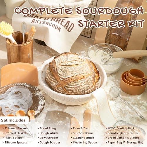 Astercook Sourdough Starter Kit with Round & Oval Banneton Bread Proofing Basket, Starter Jar, Dough Whisk, Scrapers, Stencils, Complete Sourdough Bread Baking Supplies, Fathers Day Gift for Men thumbnail 3