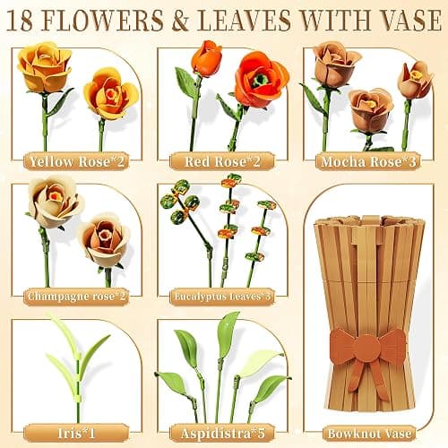 Flowers Set with Vase for Adults Compatible with Lego Flowers, Icon Roses Bouquet Botanical Collection Kits Artificial Flower Set, Valentines Day Gifts for Her Him Kids 14+, Home Office Decorations thumbnail 3