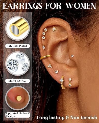 FUNRUN JEWELRY 20G Helix Piercing Jewelry Cartilage Earrings for Women | Hypoallergenic Surgical Stainless Steel Gold Flat Back Stud Hoop Earring Set for Daith Tragus Conch Body Piercing Jewelry thumbnail 3