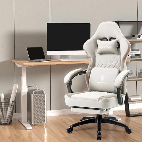 C Dowinx Gaming Chair Fabric with Pocket Spring Cushion, Massage Gaming Chair with Footrest, Ergonomic PC Chair, Gamer Chair, Office Chair, 150 kg Load Capacity, Khaki thumbnail 2