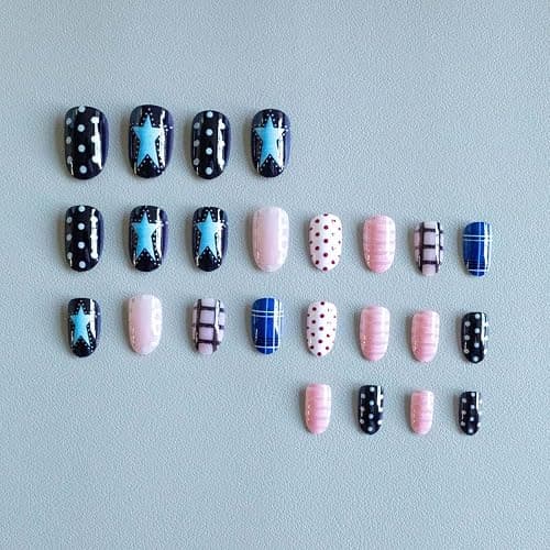 24Pcs French Tip Press on Nails Short Almond Polka Dot Fake Nails Press ons Nail Tips, ZWENJIE Stick on Nails Colorful Acrylic Nails Kit False Nails Plaid Design Nail Art for Women Manicure thumbnail 3