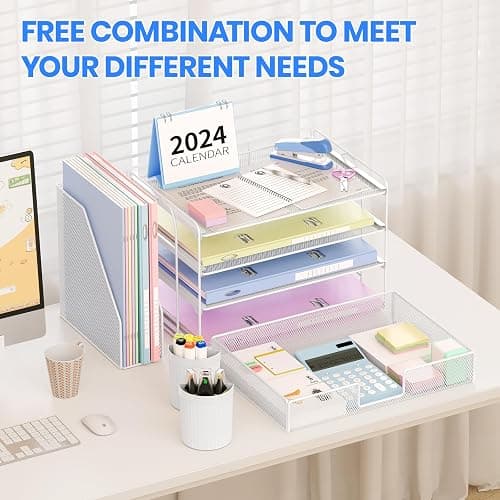 OPNICE Desk Organizer and Accessories, 4-Tier Desktop File Organizer with Drawer and 2 Pen Holders, Office Desk Accessories, File Sorters, Workspace Organizers for Office Supplies(White) thumbnail 3
