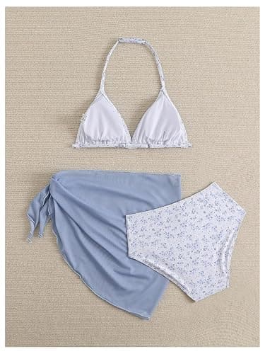 Milumia Girl's 3 Piece Bikni Set Ditsy Floral Halter Swimsuit with Cover Up Skirts thumbnail 3
