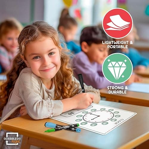 Scribbledo 10 Pack Telling Time Teaching Sheets - 9'x12' Dry Erase Learning Clocks for Kids Homeschooling Supplies thumbnail 5