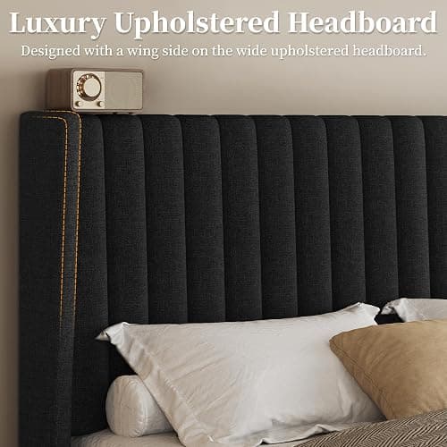 Yaheetech Queen Bed Frame Upholstered Platform Bed with Fabric Headboard, Wing Edge Design/Non-Slip and Noise-Free/Wooden Slats Support/No Box Spring Needed/Easy Assembly, Black Queen Bed thumbnail 9