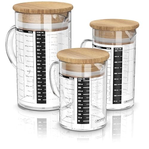 Arendo - Messbecher Set aus Glas - Größen 350ml, 500ml, 1000ml (0,35l 0,5l 1l) – Messkrug Glas Krug – Borosilikatglas – präzise Skala – hitzebeständig – Glasbehälter mit Bambusdeckel - Silikondichtung - Image 1