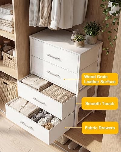 Fixwal Closet Drawers for Clothes, 2 Pack, 4 Drawers Stackable, 21.2" Wide | stacked height 32.2", 4 fabric storage drawers, wooden top, white, spacious storage, dresser for bedroom thumbnail 5