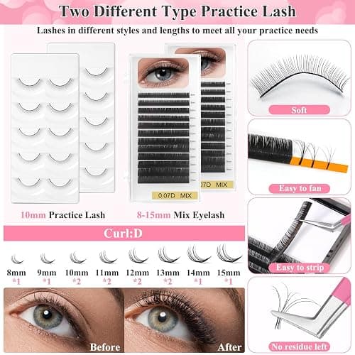 Lashes Kit for Eyelash Extension Beginner Lash Tech Starter Kit with Eye Lash Mannequin Head, Professional Eyelash Extension Kit with Lash Fan, Extension Glue and Eyelash Remover for Practice Training thumbnail 4